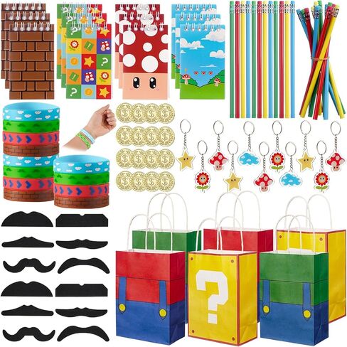 Vanblue 97 Pcs Super Brother Party favors Set Gift Brother Birthday Decorations Super Video Game Brother Classroom School Reward Notepads Fake Mustaches Goodie Bag Stuffers in Kuwait