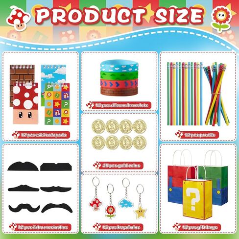 Vanblue 97 Pcs Super Brother Party favors Set Gift Brother Birthday Decorations Super Video Game Brother Classroom School Reward Notepads Fake Mustaches Goodie Bag Stuffers in Kuwait