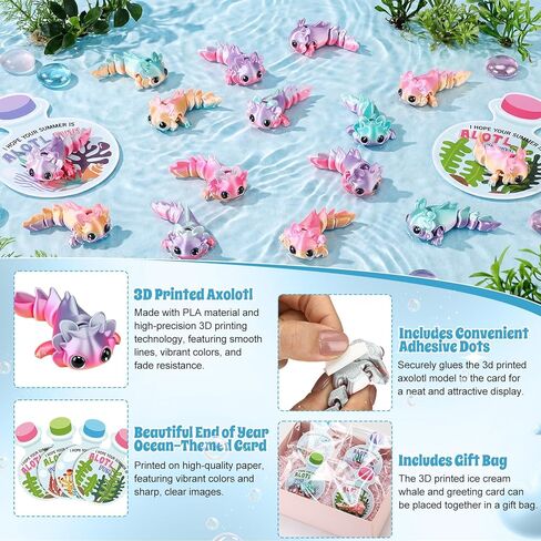 24 Sets End of Year Gifts 3D Printed Axolotl with Cards Graduation Party Favors 3D Printed Axolotl Figures Stress Relief Fidget for Gift Exchange from Teacher Summer Bulk Party Supplies in Kuwait