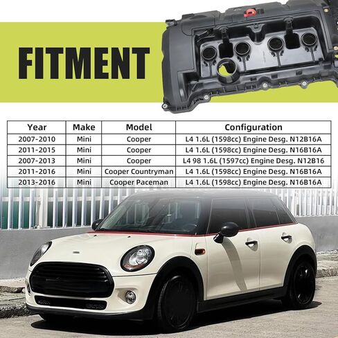 غطاء الصمام متوافق مع Mini Cooper 2007-2015 Cooper Countryman 2011-2016 Cooper Paceman 2013-2016 L4 1.6L، استبدل 11127646554 11127553799 11127567162، مع غطاء الزيت وحشية in Kuwait