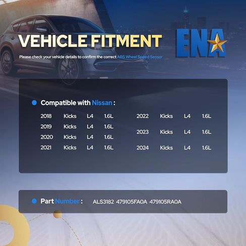 مستشعر سرعة العجلات الأمامية اليسرى أو اليمنى من ENA ALS3182 متوافق مع Nissan Kicks Versa 1.6L L4 2018 2019 2020 2021 2022 2023 2024 بديل لـ 479105FA0A 479105RA0A مجموعة من 1 in Kuwait