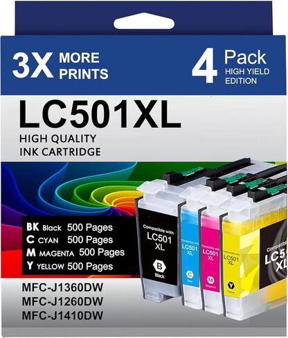 خراطيش حبر HOINKLO LC501XL لطابعة Brother متوافقة مع خراطيش حبر Brother LC501XL LC501 مع طابعة MFC-J1360DW MFC-J1260W MFC-J1410DW (أسود سماوي أرجواني أصفر، 4 عبوات) in Kuwait