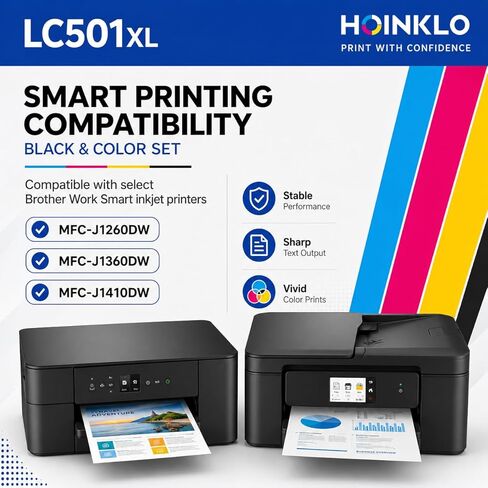خراطيش حبر HOINKLO LC501XL لطابعة Brother متوافقة مع خراطيش حبر Brother LC501XL LC501 مع طابعة MFC-J1360DW MFC-J1260W MFC-J1410DW (أسود سماوي أرجواني أصفر، 4 عبوات) in Kuwait