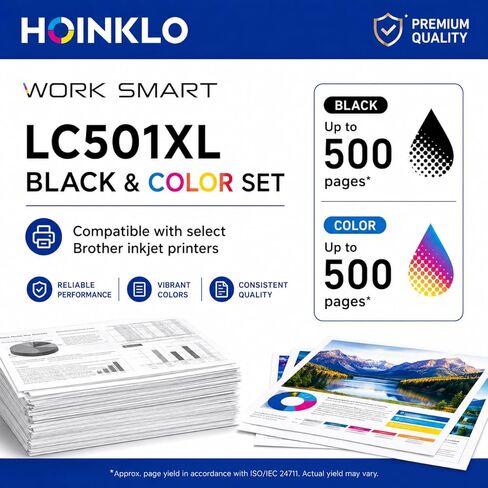 خراطيش حبر HOINKLO LC501XL لطابعة Brother متوافقة مع خراطيش حبر Brother LC501XL LC501 مع طابعة MFC-J1360DW MFC-J1260W MFC-J1410DW (أسود سماوي أرجواني أصفر، 4 عبوات) in Kuwait