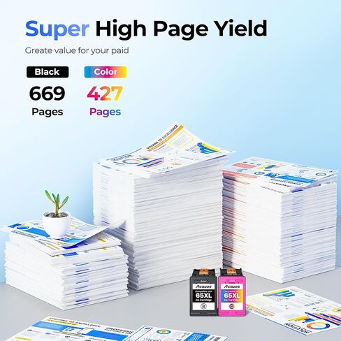 خراطيش حبر 65XL متوافقة مع HP Ink 65، عالية الإنتاجية لخراطيش حبر HP 65، حزمة كومبو سوداء/ملونة، مناسبة لـ HP DeskJet 3755 3772 3700 3752 3722 2600 2622 Envy 5055 5070 5000 (1 أسود، 1 لون) in Kuwait