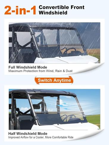 2-in-1 Convertible Front Windshield Compatible with Polaris Ranger 1000/ XP 1000/ Crew 1000 2017-2025 Scratch Resistant Hard-coated PC, Half Tinted Window Protects Against Wind, Snow, Rain in Saudi Arabia