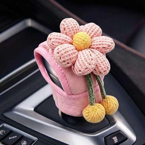 Pink Knitted Flowers Car Gear Shift Knob Cover, Universal Vehicle Manual Automatic Gear Shift Decor, Cute Automotive Interior Shifter Stick Protector Accessories for Car SUV Truck in Kuwait