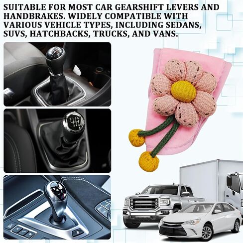 Pink Knitted Flowers Car Gear Shift Knob Cover, Universal Vehicle Manual Automatic Gear Shift Decor, Cute Automotive Interior Shifter Stick Protector Accessories for Car SUV Truck in Kuwait