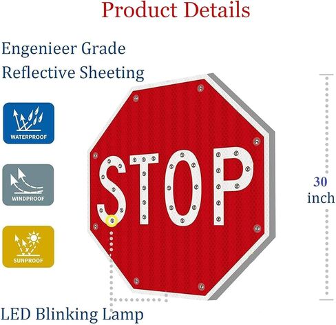 علامة توقف وامضة LED تعمل بالطاقة الشمسية للخدمة الشاقة، علامات طريق مثمنة من الألومنيوم مقاس 24 بوصة 30 بوصة، مصابيح LED وامضة للشارع باللون الأحمر، علامات تحذير للشارع وامضة LED، معدن مقاوم للصدأ F in Kuwait