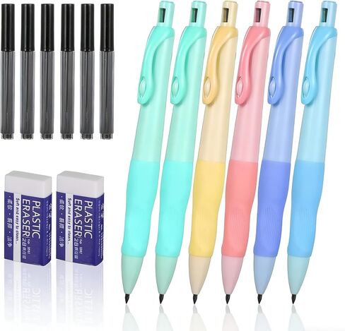Mechanical Pencils Thick Pencils with Comfort Ergonomic Grip, Aesthetic Supplies with 6 Leads Refills, 2 Pcs Erasers and 6 Pcs Colorful 2.0MM Pencil for Writing & Drawing in Kuwait