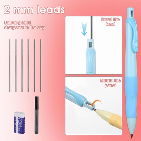 Mechanical Pencils Thick Pencils with Comfort Ergonomic Grip, Aesthetic Supplies with 6 Leads Refills, 2 Pcs Erasers and 6 Pcs Colorful 2.0MM Pencil for Writing & Drawing in Kuwait