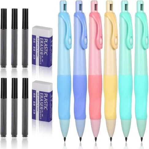 Mechanical Pencils Thick Pencils with Comfort Ergonomic Grip, Aesthetic Supplies with 6 Leads Refills, 2 Pcs Erasers and 6 Pcs Colorful 2.0MM Pencil for Writing & Drawing in Kuwait