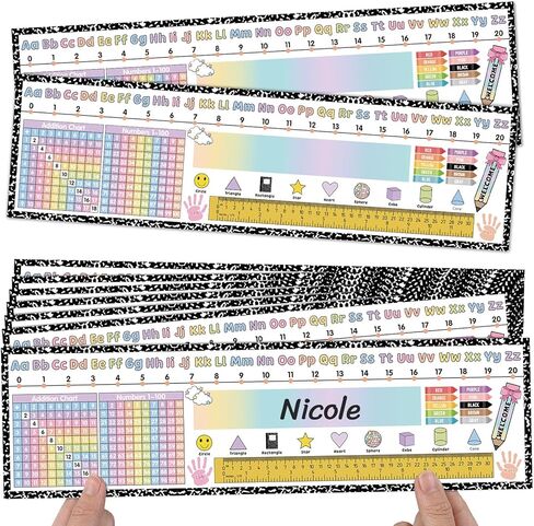 Gueevin 60 Pcs Composition Notebook Desk Name Tags for Classroom Student Nametags with Alphabet, Number Line, Addition & 100 Chart, Ruler Desk Tag 1st 2nd 3rd Grade Kindergarten Preschool Must Haves in Kuwait