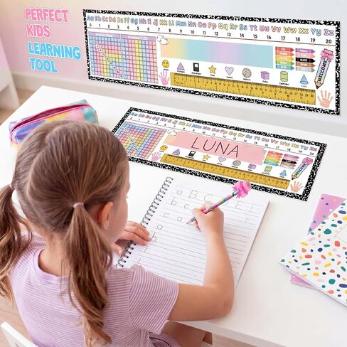 Gueevin 60 Pcs Composition Notebook Desk Name Tags for Classroom Student Nametags with Alphabet, Number Line, Addition & 100 Chart, Ruler Desk Tag 1st 2nd 3rd Grade Kindergarten Preschool Must Haves in Kuwait
