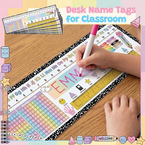 Gueevin 60 Pcs Composition Notebook Desk Name Tags for Classroom Student Nametags with Alphabet, Number Line, Addition & 100 Chart, Ruler Desk Tag 1st 2nd 3rd Grade Kindergarten Preschool Must Haves in Kuwait