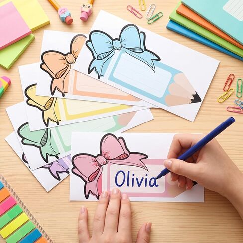 36 Pcs Desk Name Tags for Classroom, Self-adhesive Pastel Bow Pencil Name Plates for Student Desks, Cubby Labels Bulletin Board Decor, Teacher Supplies Kindergarten Preschool Grade Must Haves in Kuwait