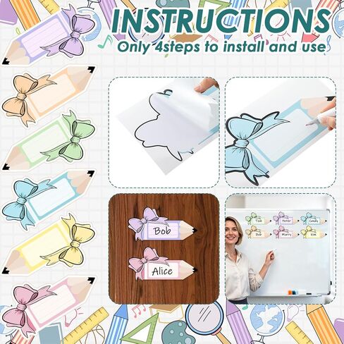 36 Pcs Desk Name Tags for Classroom, Self-adhesive Pastel Bow Pencil Name Plates for Student Desks, Cubby Labels Bulletin Board Decor, Teacher Supplies Kindergarten Preschool Grade Must Haves in Kuwait