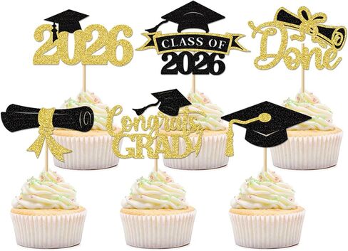 24Pcs 2026 Graduation Cupcake Toppers, Black & Gold Glitter Class of 2026 Cupcake Picks, Grad Cap, Diploma, Congrats Grad Cake Decorations for High School College Graduation Party Supplies in Kuwait