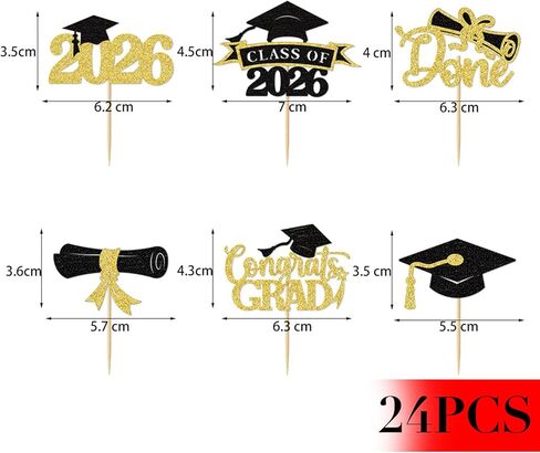24Pcs 2026 Graduation Cupcake Toppers, Black & Gold Glitter Class of 2026 Cupcake Picks, Grad Cap, Diploma, Congrats Grad Cake Decorations for High School College Graduation Party Supplies in Kuwait
