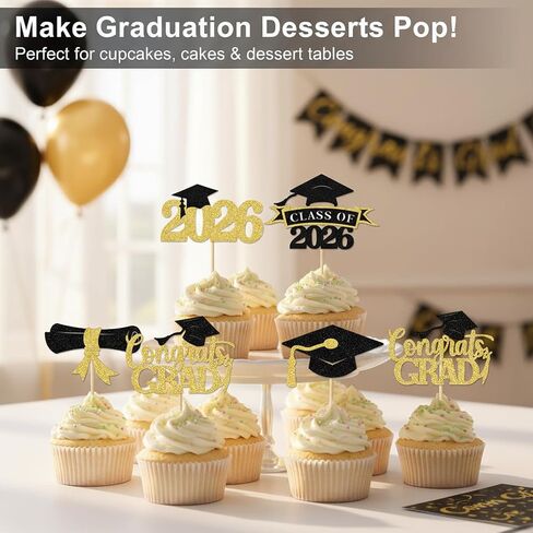 24Pcs 2026 Graduation Cupcake Toppers, Black & Gold Glitter Class of 2026 Cupcake Picks, Grad Cap, Diploma, Congrats Grad Cake Decorations for High School College Graduation Party Supplies in Kuwait