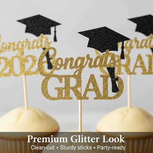 24Pcs 2026 Graduation Cupcake Toppers, Black & Gold Glitter Class of 2026 Cupcake Picks, Grad Cap, Diploma, Congrats Grad Cake Decorations for High School College Graduation Party Supplies in Kuwait