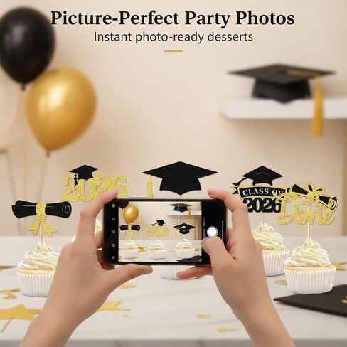 24Pcs 2026 Graduation Cupcake Toppers, Black & Gold Glitter Class of 2026 Cupcake Picks, Grad Cap, Diploma, Congrats Grad Cake Decorations for High School College Graduation Party Supplies in Kuwait
