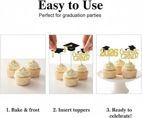24Pcs 2026 Graduation Cupcake Toppers, Black & Gold Glitter Class of 2026 Cupcake Picks, Grad Cap, Diploma, Congrats Grad Cake Decorations for High School College Graduation Party Supplies in Kuwait