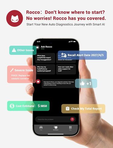 Rocco Pro OBD2 Scanner Bluetooth for iPhone & Android, No Subscription, Full System Car Diagnose with AI Repair Guide, ABS/SRS/Transmission Code Reader, Used Car Inspector, Vehicles 1996+ in Saudi Arabia