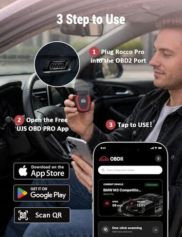 Rocco Pro OBD2 Scanner Bluetooth for iPhone & Android, No Subscription, Full System Car Diagnose with AI Repair Guide, ABS/SRS/Transmission Code Reader, Used Car Inspector, Vehicles 1996+ in Saudi Arabia