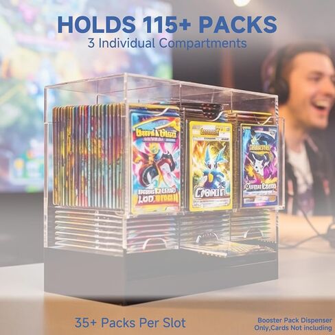 Booster Pack Dispenser with Three Slots and Black Base Holds 120+ Booster Packs for TCG and Sports Cards Stackable 4mm Acrylic Transparent Display Organizer for PKMN MTG YGO Lorcana in Saudi Arabia