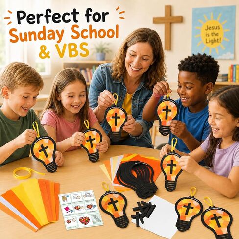 24 مجموعة VBS 2026 مصباح إضاءة مدرسة الأحد من Suncatchers Crafts للأطفال DIY الدينية يسوع ضوء نافذة المناديل الورقية مجموعة الحرف اليدوية المعلقة ديكور السائبة للمدرسة الفصول الدراسية النشاط الفني مشروع لصالح هدية in Kuwait