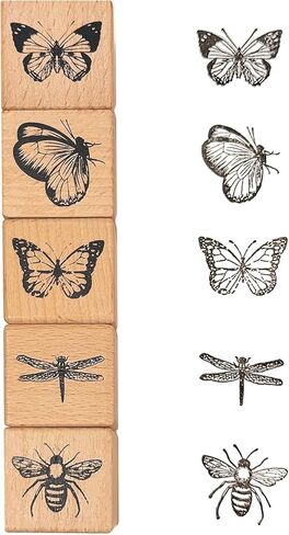 Vintage Wood Rubber Stamp Set - 5Pcs Antique Butterfly, Bee, Dragonfly Designs for DIY Art Journals, Scrapbooking, Card Making - Reusable Craft Stamps Gift for Crafters in Saudi Arabia