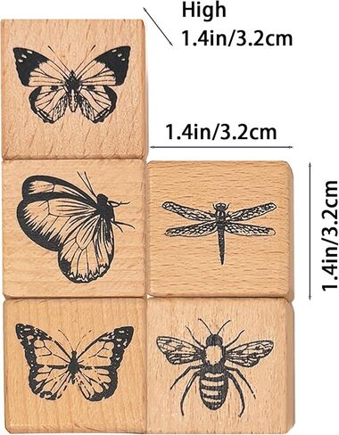 Vintage Wood Rubber Stamp Set - 5Pcs Antique Butterfly, Bee, Dragonfly Designs for DIY Art Journals, Scrapbooking, Card Making - Reusable Craft Stamps Gift for Crafters in Saudi Arabia