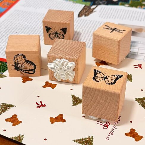 Vintage Wood Rubber Stamp Set - 5Pcs Antique Butterfly, Bee, Dragonfly Designs for DIY Art Journals, Scrapbooking, Card Making - Reusable Craft Stamps Gift for Crafters in Saudi Arabia