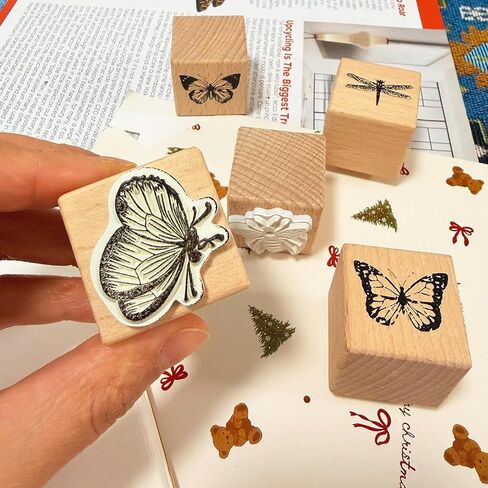 Vintage Wood Rubber Stamp Set - 5Pcs Antique Butterfly, Bee, Dragonfly Designs for DIY Art Journals, Scrapbooking, Card Making - Reusable Craft Stamps Gift for Crafters in Saudi Arabia
