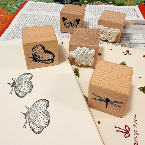 Vintage Wood Rubber Stamp Set - 5Pcs Antique Butterfly, Bee, Dragonfly Designs for DIY Art Journals, Scrapbooking, Card Making - Reusable Craft Stamps Gift for Crafters in Saudi Arabia