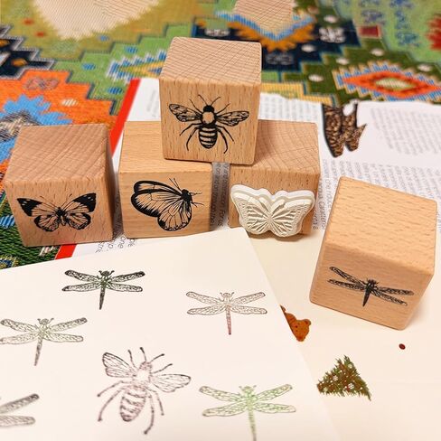 Vintage Wood Rubber Stamp Set - 5Pcs Antique Butterfly, Bee, Dragonfly Designs for DIY Art Journals, Scrapbooking, Card Making - Reusable Craft Stamps Gift for Crafters in Saudi Arabia