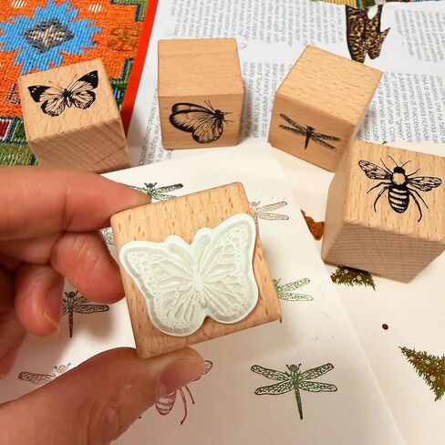 Vintage Wood Rubber Stamp Set - 5Pcs Antique Butterfly, Bee, Dragonfly Designs for DIY Art Journals, Scrapbooking, Card Making - Reusable Craft Stamps Gift for Crafters in Saudi Arabia