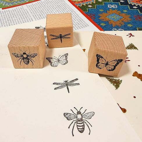 Vintage Wood Rubber Stamp Set - 5Pcs Antique Butterfly, Bee, Dragonfly Designs for DIY Art Journals, Scrapbooking, Card Making - Reusable Craft Stamps Gift for Crafters in Saudi Arabia