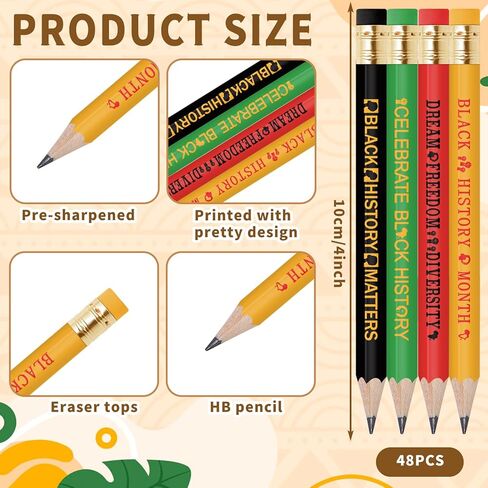 JarThenaAMCS Black History Month Pencil with Eraser 48 Pcs Writing Short Pencil 4 In Black Yellow Red Green Juneteenth African Wood Half Pencils for Classroom Office Stationery Gift in Kuwait