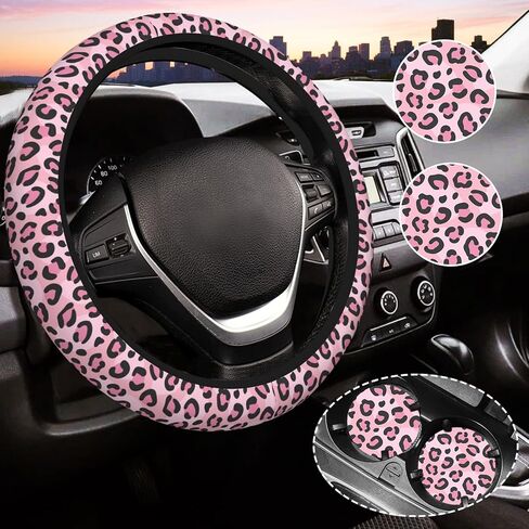 Pink Leopard Print Steering Wheel Cover for Women, Universal Auto Steering Wheel 14-15 Inch Car Interior Accessories with 2PCS Car Coasters, Suitable for Men and Women in Saudi Arabia