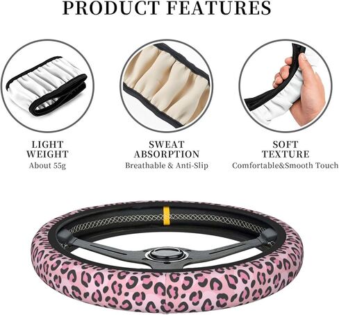 Pink Leopard Print Steering Wheel Cover for Women, Universal Auto Steering Wheel 14-15 Inch Car Interior Accessories with 2PCS Car Coasters, Suitable for Men and Women in Saudi Arabia