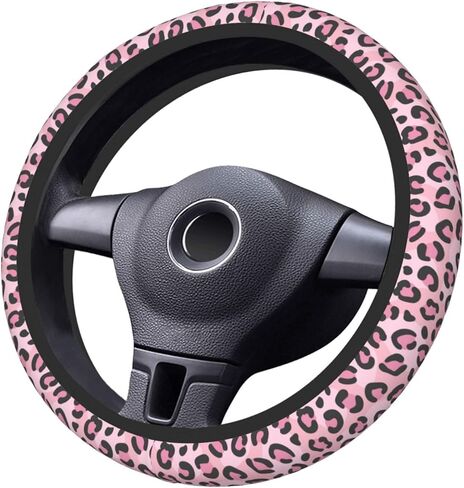 Pink Leopard Print Steering Wheel Cover for Women, Universal Auto Steering Wheel 14-15 Inch Car Interior Accessories with 2PCS Car Coasters, Suitable for Men and Women in Saudi Arabia