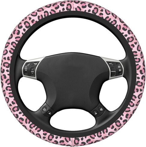 Pink Leopard Print Steering Wheel Cover for Women, Universal Auto Steering Wheel 14-15 Inch Car Interior Accessories with 2PCS Car Coasters, Suitable for Men and Women in Saudi Arabia