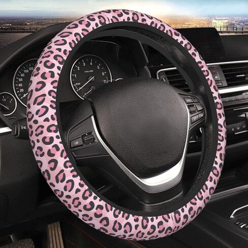 Pink Leopard Print Steering Wheel Cover for Women, Universal Auto Steering Wheel 14-15 Inch Car Interior Accessories with 2PCS Car Coasters, Suitable for Men and Women in Saudi Arabia