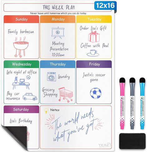 Magnetic Dry Erase Whiteboard Calendar for Fridge (16 x 12"), Refrigerator White Board Sheet w/ 3 Colorful Markers & Eraser, Monthly Meal Planner & Organizer for Family by Yes4Quality in Saudi Arabia