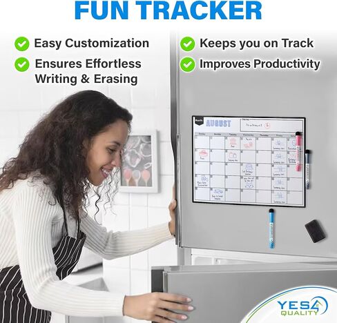 Magnetic Dry Erase Whiteboard Calendar for Fridge (16 x 12"), Refrigerator White Board Sheet w/ 3 Colorful Markers & Eraser, Monthly Meal Planner & Organizer for Family by Yes4Quality in Saudi Arabia