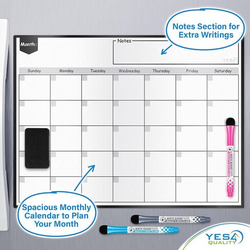 Magnetic Dry Erase Whiteboard Calendar for Fridge (16 x 12"), Refrigerator White Board Sheet w/ 3 Colorful Markers & Eraser, Monthly Meal Planner & Organizer for Family by Yes4Quality in Saudi Arabia