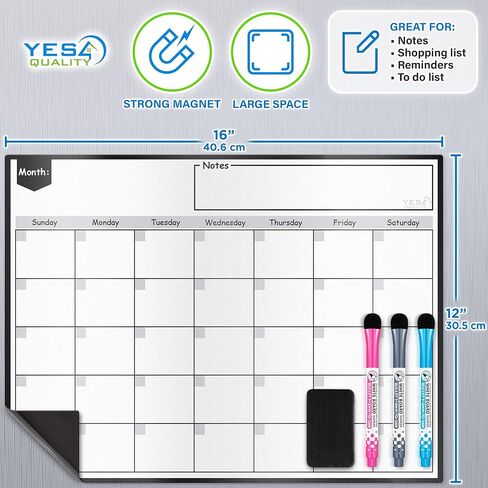 Magnetic Dry Erase Whiteboard Calendar for Fridge (16 x 12"), Refrigerator White Board Sheet w/ 3 Colorful Markers & Eraser, Monthly Meal Planner & Organizer for Family by Yes4Quality in Saudi Arabia