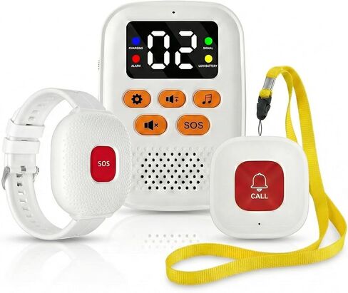 PILSAMAS Rechargeable Medical Alert System for Seniors No Monthly Fee, IP65 Waterproof Emergency Wristband & Necklace Call Button Set, Wireless Portable Caregiver Pager with LCD Dispaly, Vibration in Kuwait